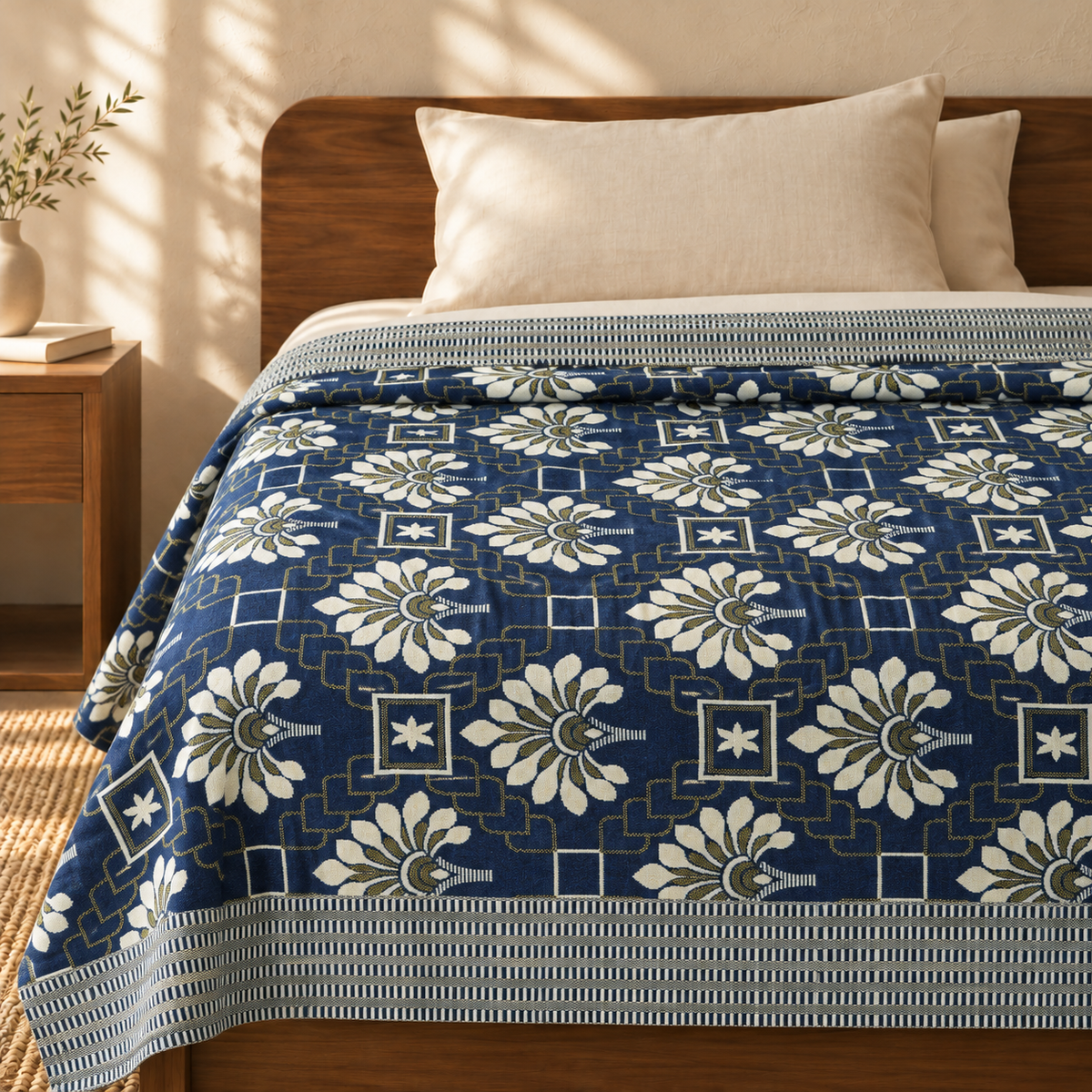 Jacquard Double Cot Bedsheet - Royal Indigo Bloom — cotton top cover on a bed