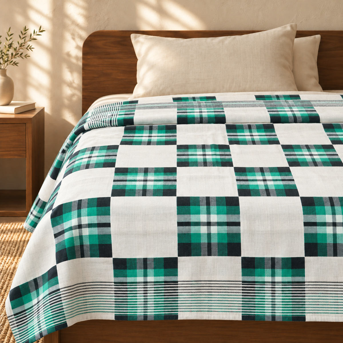 Premium Handloom Candy Check Single Cot Chennimalai Bedsheet - Green — cotton top cover on a bed