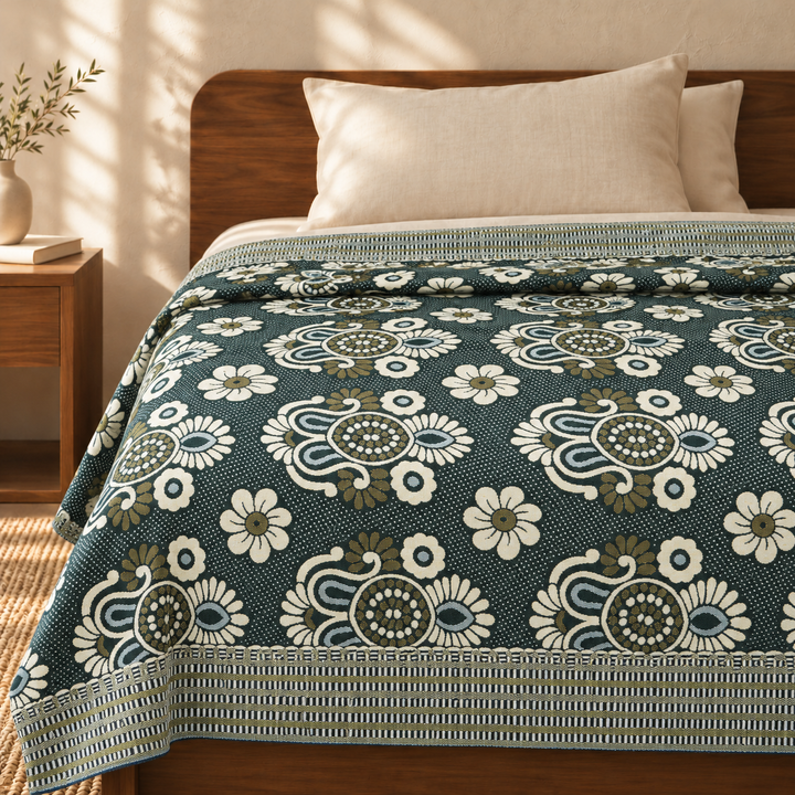 Jacquard Double Cot Bedsheet - Classic Olive — cotton top cover on a bed