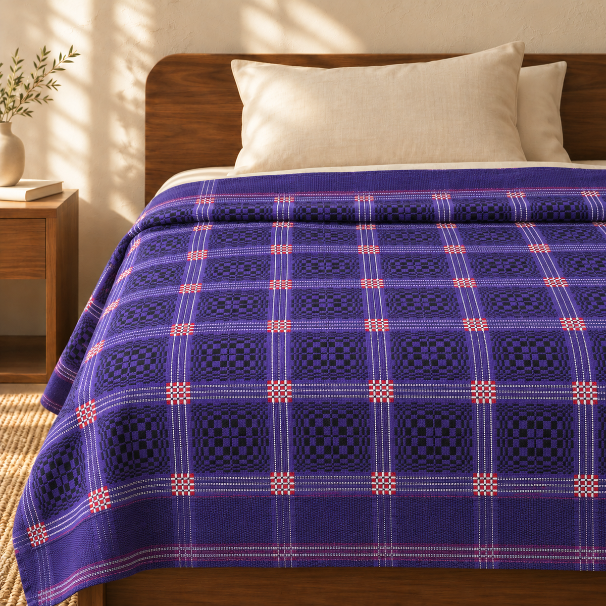 Purple Nadhiya Chennimalai Bedsheet — cotton top cover on a bed