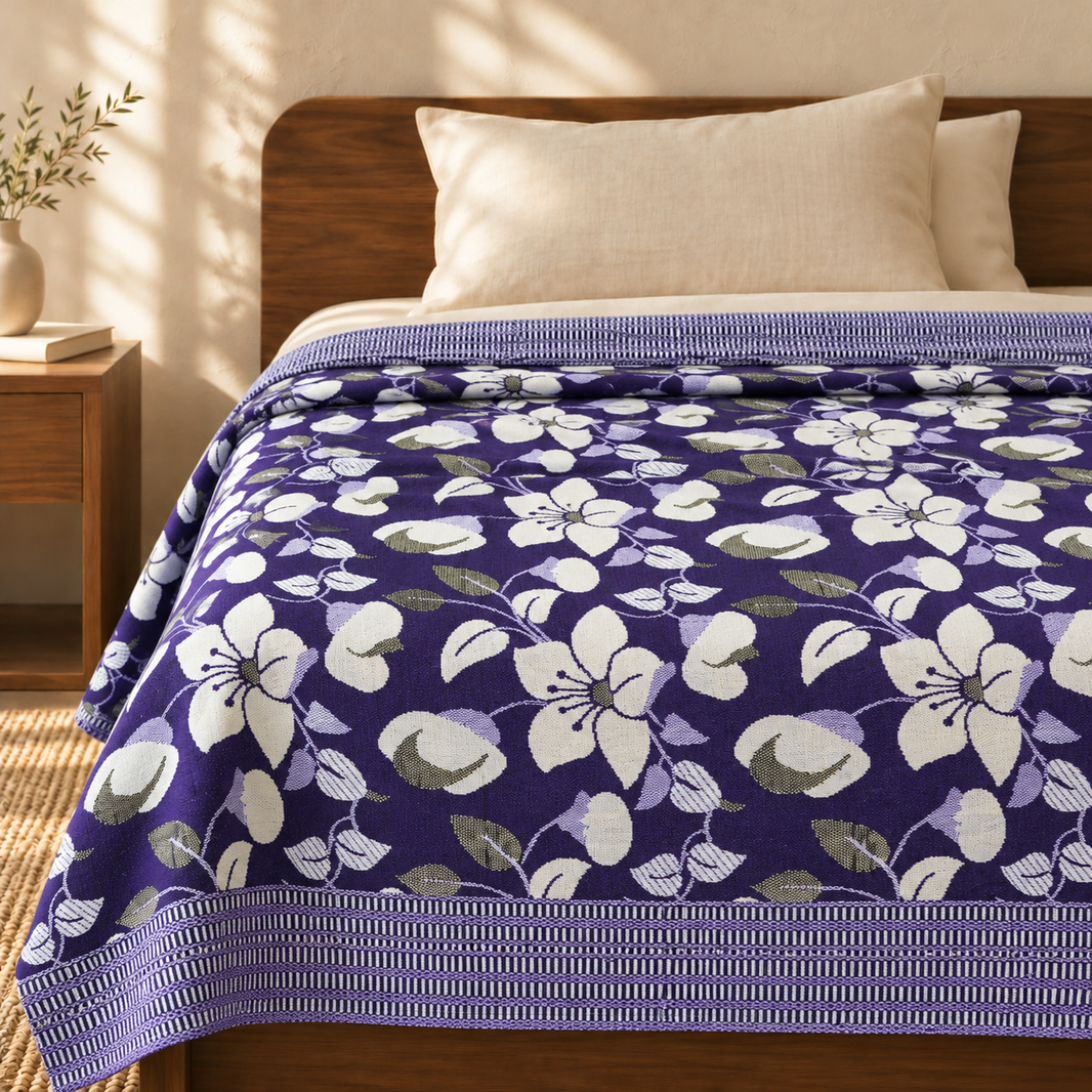 Premium Handloom King Size Chennimalai bedsheet - Purple Floral — cotton top cover on a bed