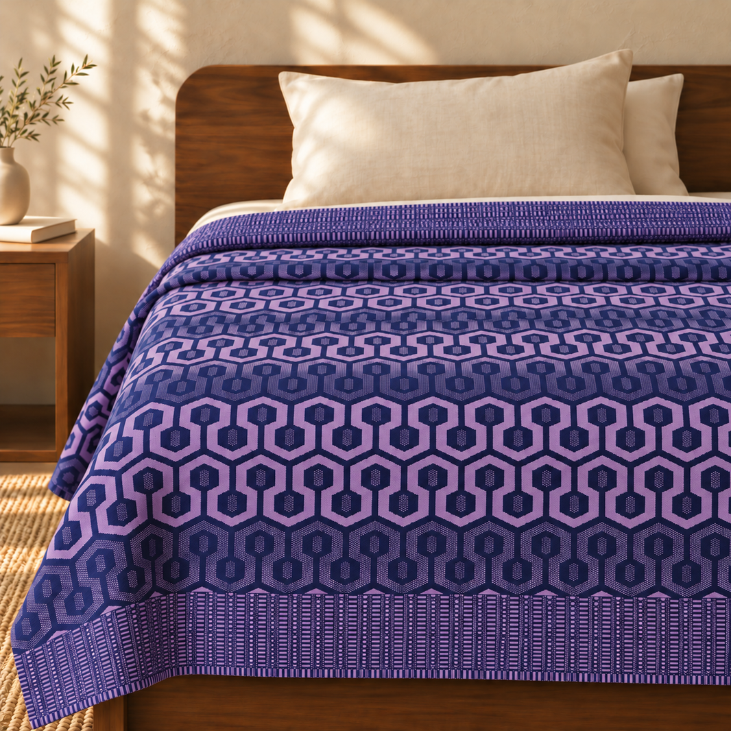 Premium Handloom King Size Chennimalai bedsheet - Purple Geometric — cotton top cover on a bed