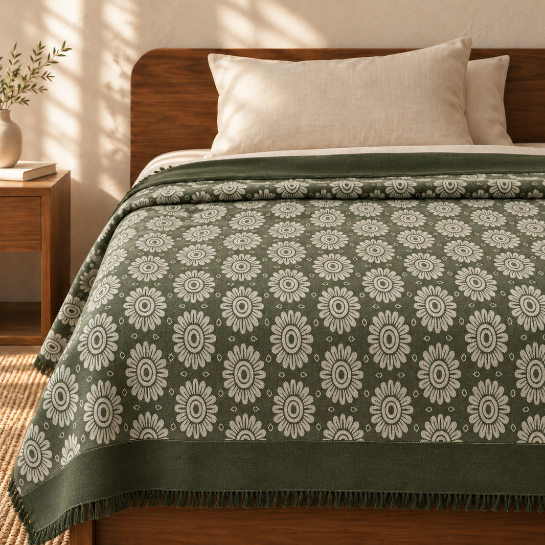 Evergreen Bloom Lovely Chennimalai Bedsheet — cotton top cover on a bed