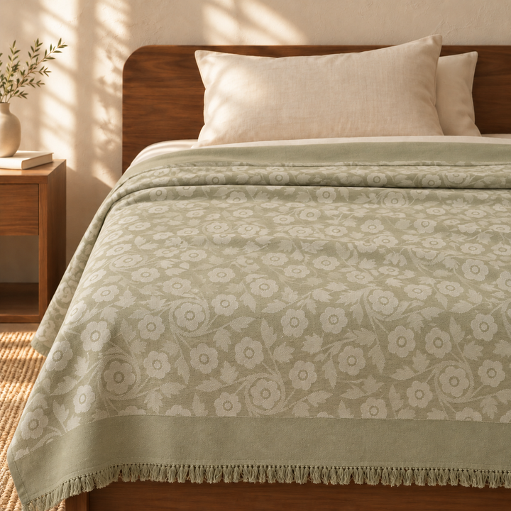 Classic Bloom Lovely Chennimalai Bedsheet — cotton top cover on a bed