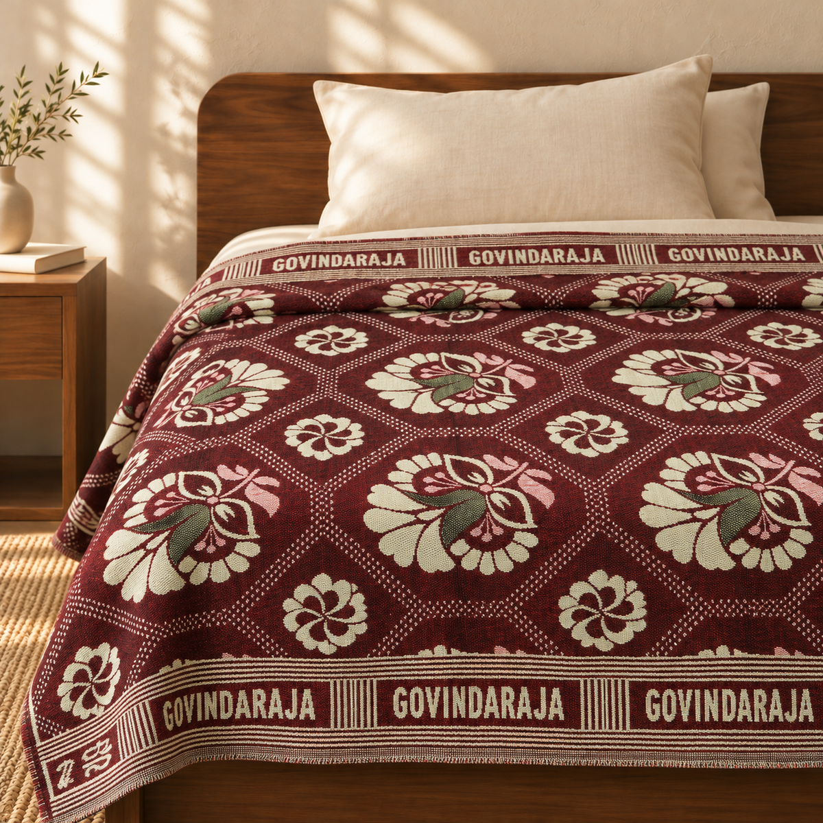 G. Raja Chennimalai Bedsheet Maroon Heritage Bloom — cotton top cover on a bed