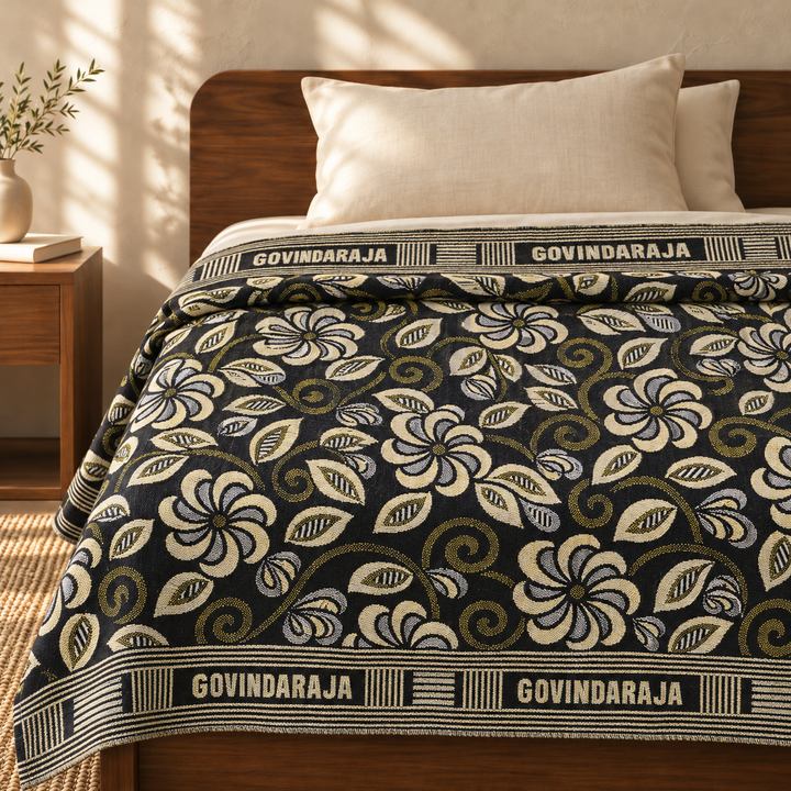 G. Raja Chennimalai Bed Sheet Ivory Vine Elegance — cotton top cover on a bed