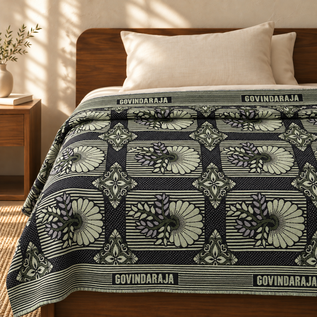 G. Raja Chennimalai Bedsheet Green Heritage — cotton top cover on a bed