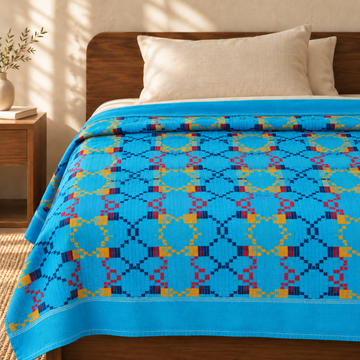 Premium Handloom Vintage Pattern Chennimalai Bedsheet - Light Blue with Yellow — cotton top cover on a bed