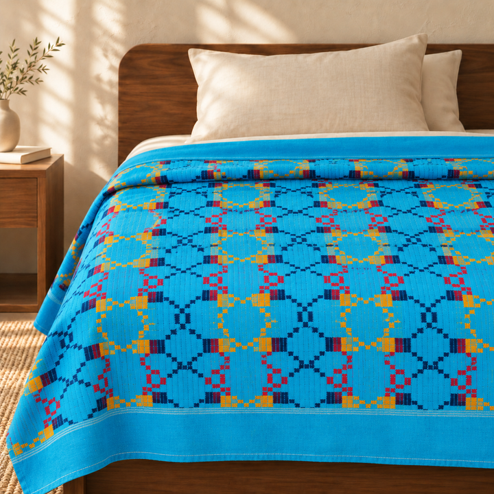 Premium Handloom Vintage Pattern Chennimalai Bedsheet - Light Blue with Yellow — cotton top cover on a bed