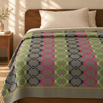 Premium Handloom Grey Boho Blocks Chennimalai Bedsheet - Pink Green — cotton top cover on a bed