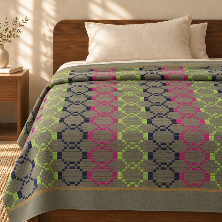 Premium Handloom Grey Boho Blocks Chennimalai Bedsheet - Pink Green — cotton top cover on a bed