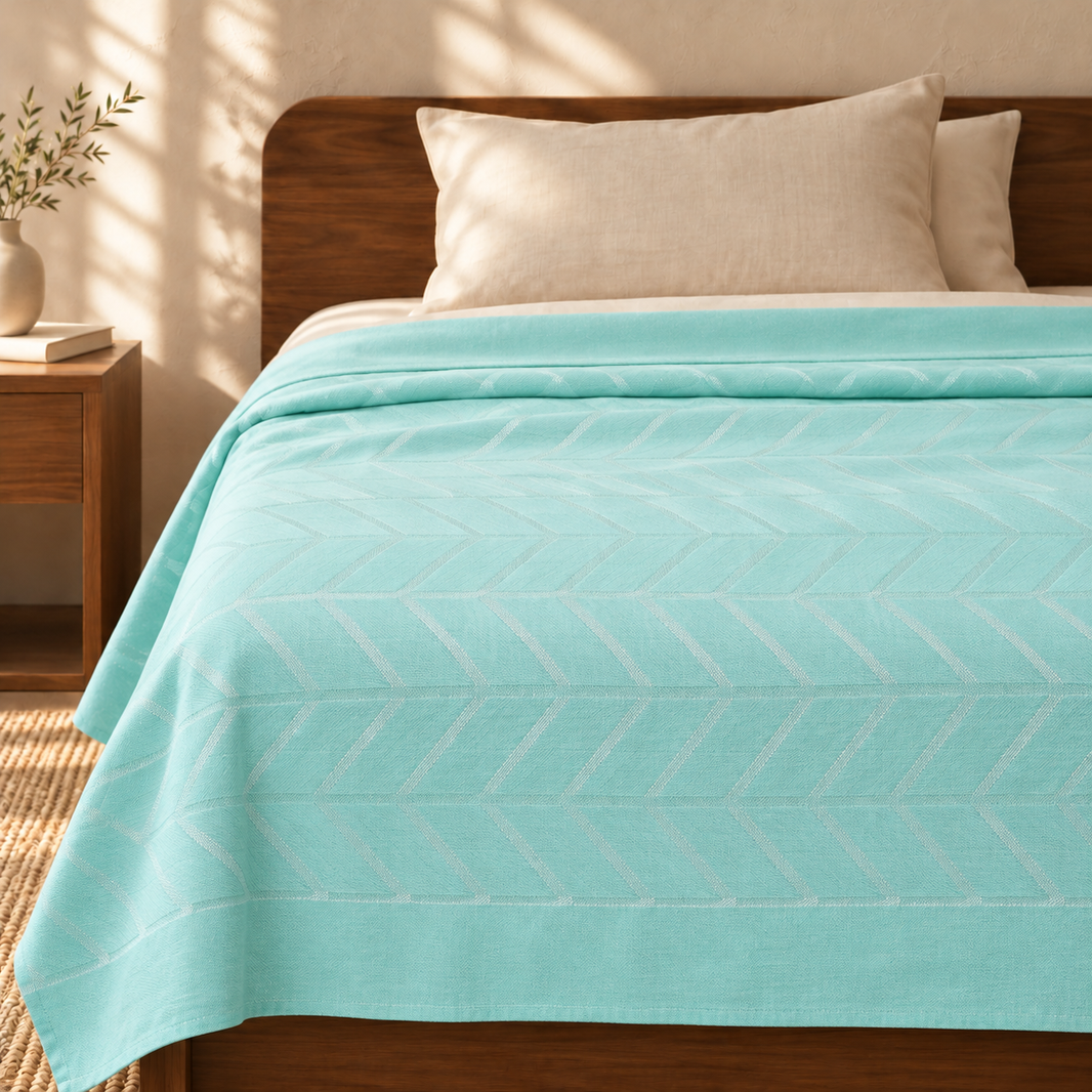 Premium Handloom Pastel Teal Ocean Mint Chennimalai Bedsheet — cotton top cover on a bed