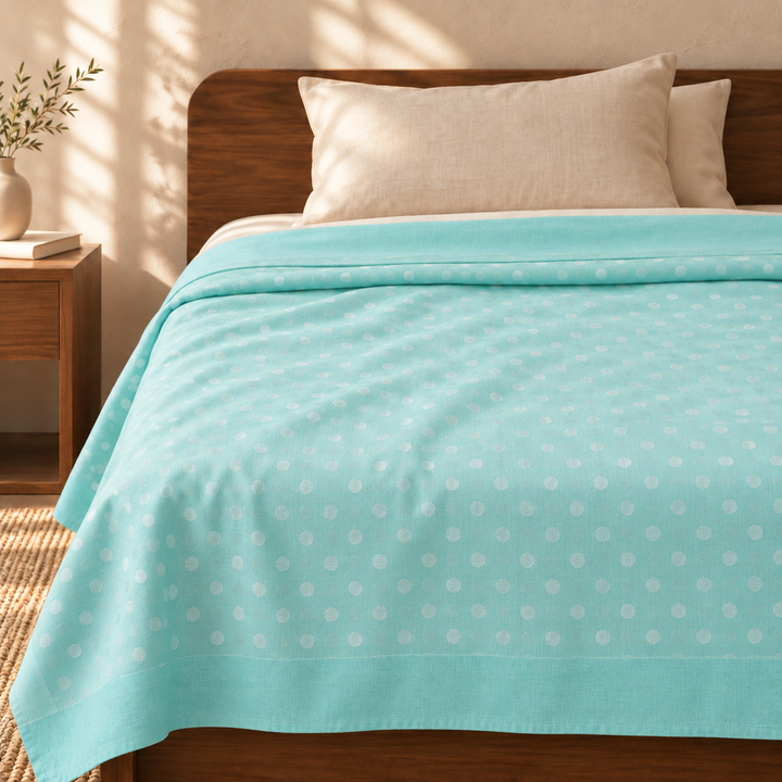 Premium Handloom Pastel Teal Polka Dot Chennimalai Bedsheet — cotton top cover on a bed