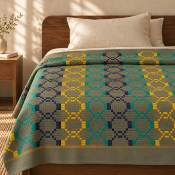 Premium Handloom Grey Boho Blocks Chennimalai bedsheet-Yellow and Teal — cotton top cover on a bed