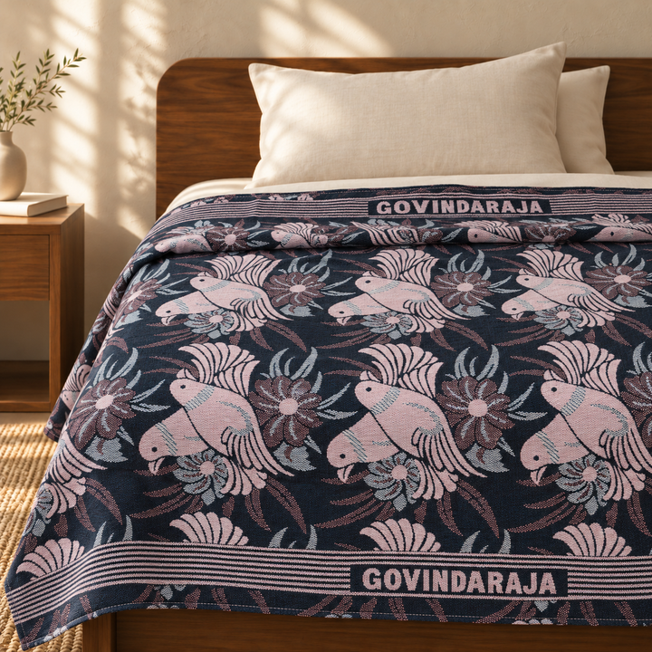 G. Raja Chennimalai Bedsheet Pink Bird — cotton top cover on a bed