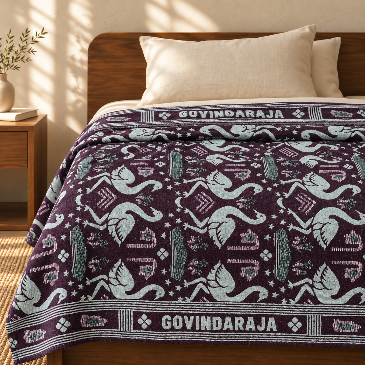 G. Raja Chennimalai Bedsheet Maroon Flamingo — cotton top cover on a bed