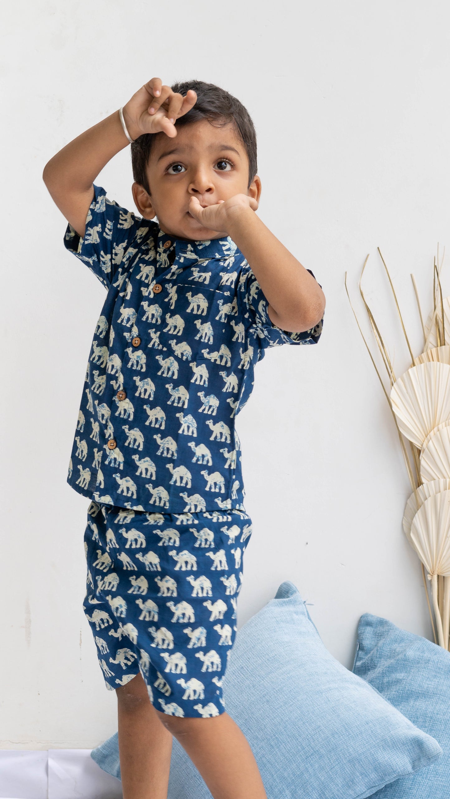 Blue Camel Print Cotton shirt and shorts set
