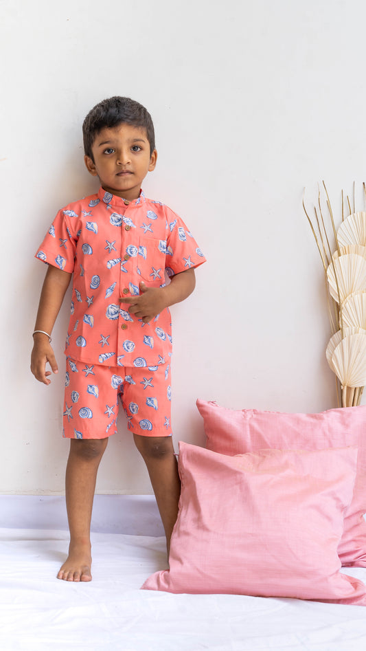 Orange Seashell Print Cotton shirt and shorts set