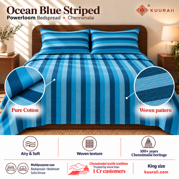 Chennimalai King Size Bedspread Ocean Blue Striped — Powerloom cotton bedspread features, fabric detail, multipurpose use and King size