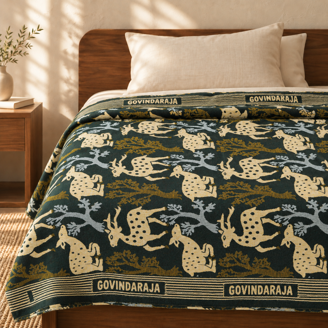 G. Raja Chennimalai Bedsheet Green Deer — cotton top cover on a bed