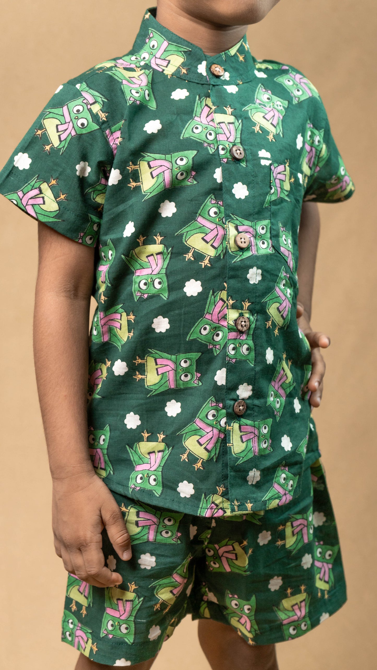 Dark Green Bird Print Cotton shirt and shorts set