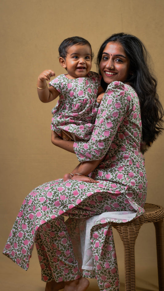 Mother & Daughter Twinning Dress | Lotus and Leaf Print | White and Pink