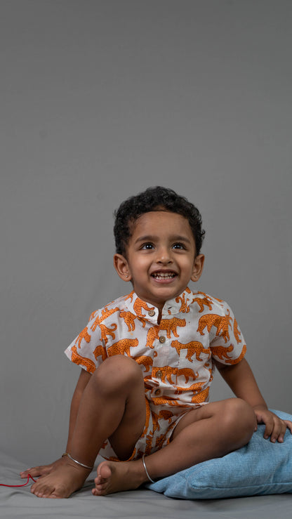 Orange Leopard print Cotton shirt and shorts set