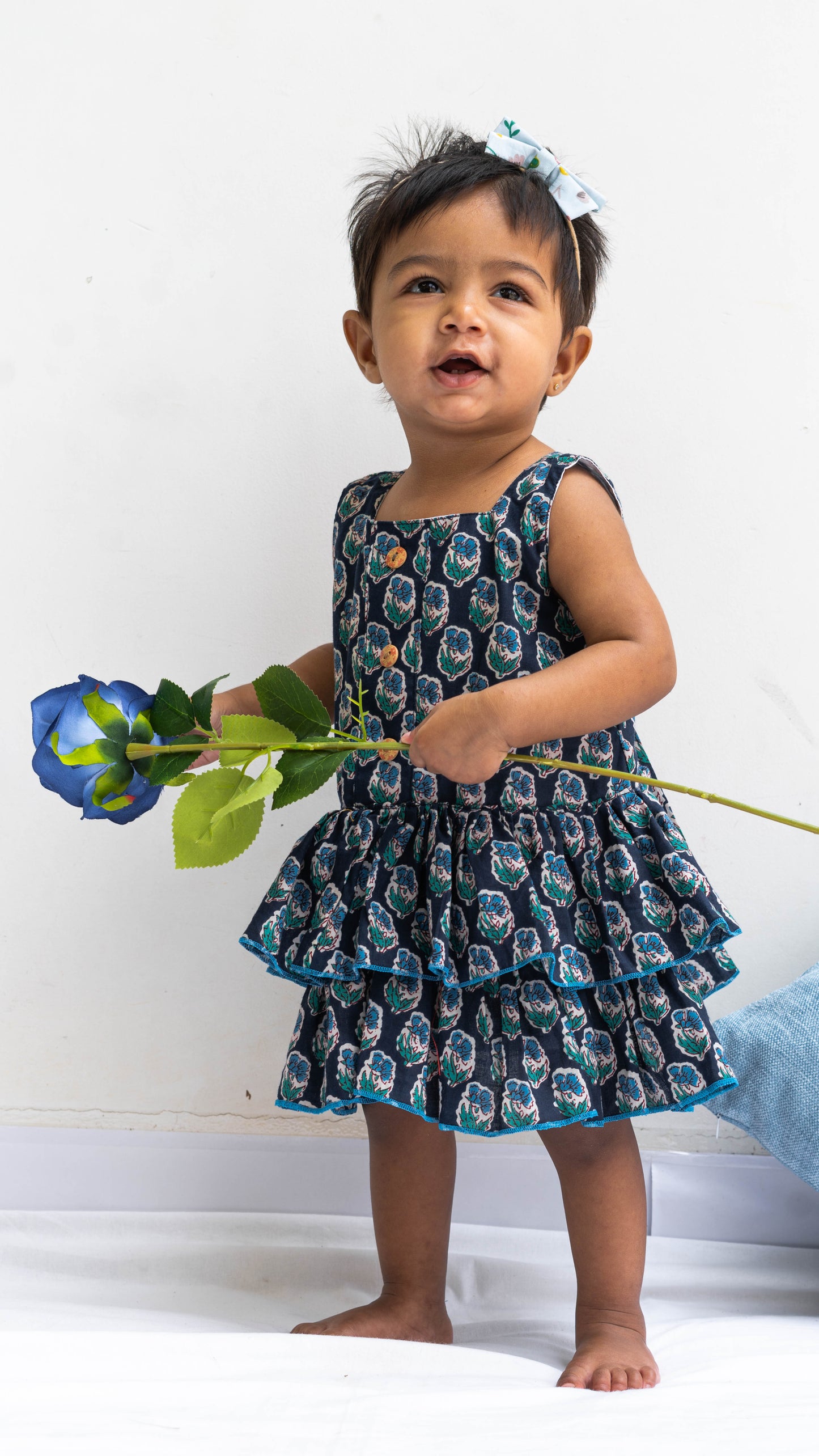 Blue Floral Print Cotton Dress
