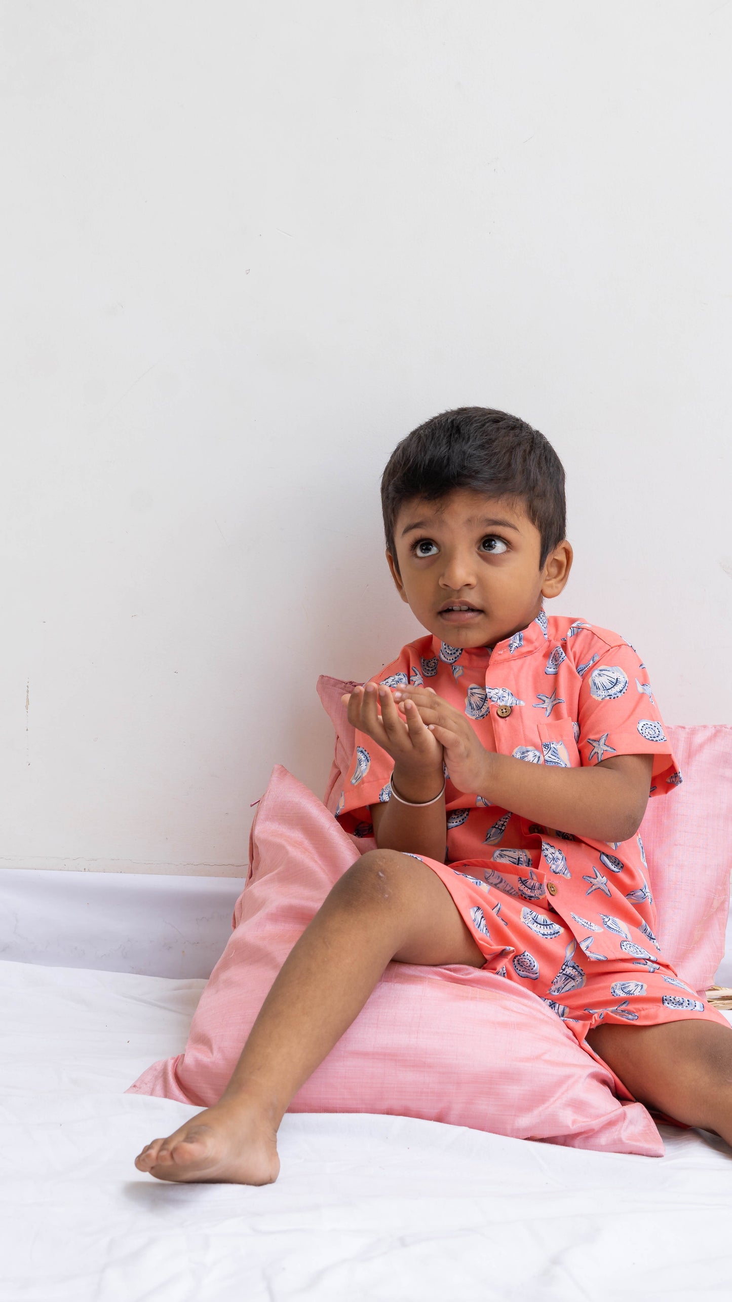 Orange Seashell Print Cotton shirt and shorts set