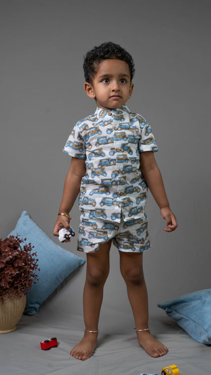 White Vintage Car Print Cotton shirt and shorts set