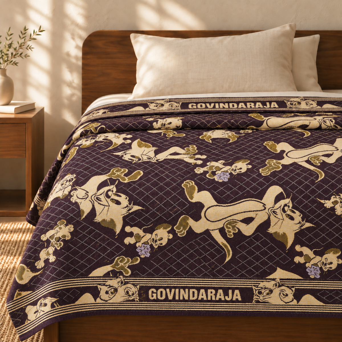 G. Raja Chennimalai Bedsheet Tom & Jerry Maroon — cotton top cover on a bed