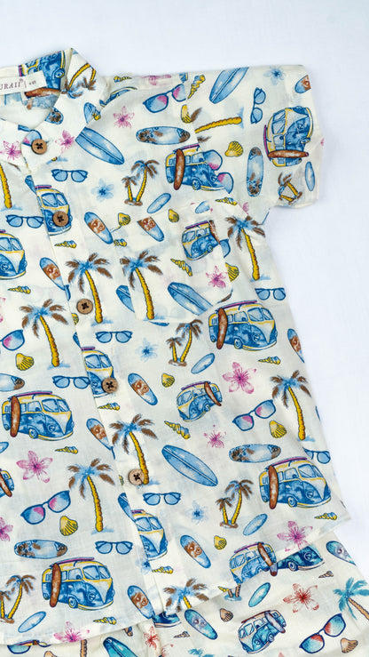 White Beach Print Cotton shirt and shorts set
