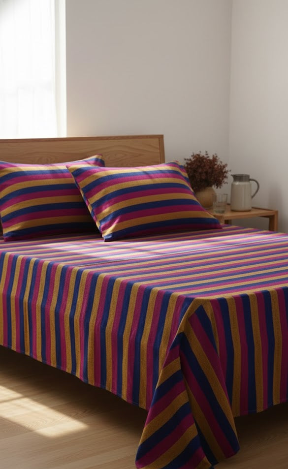 Bed with Chennimalai Bedspread Classic Blue & Pink in a bright room