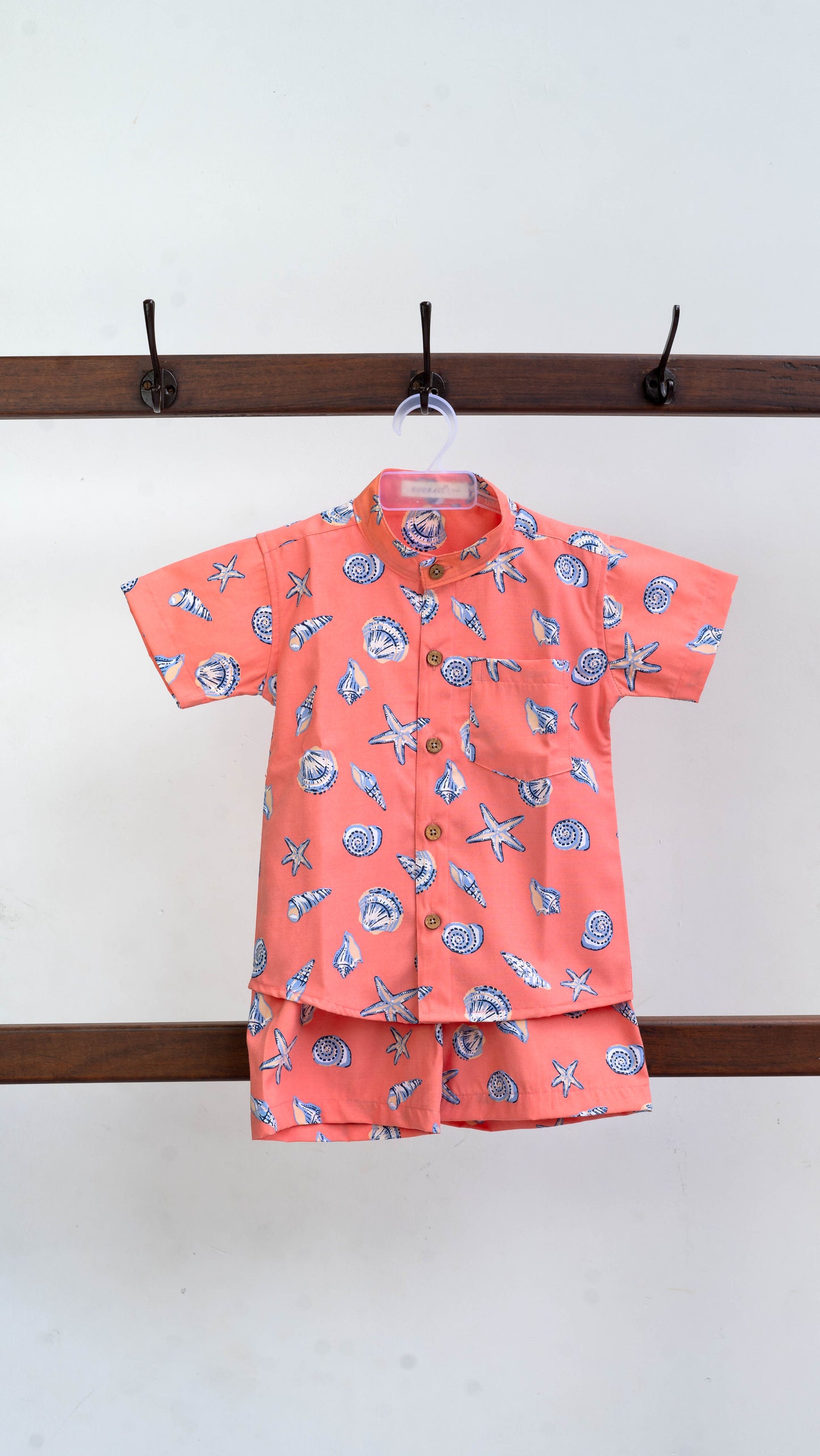 Orange Seashell Print Cotton shirt and shorts set