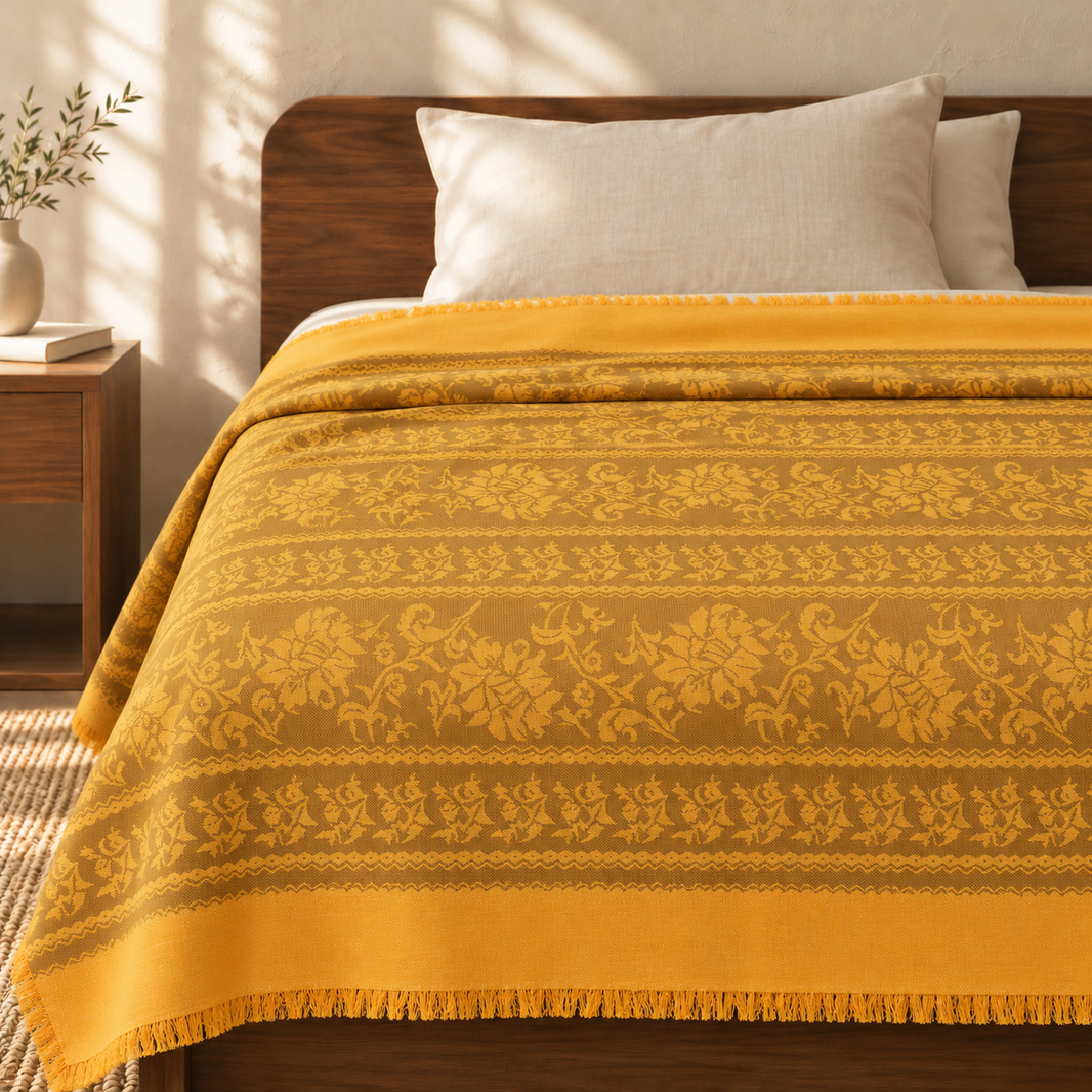 Golden Leaf Lovely Chennimalai Bedsheet — cotton top cover on a bed