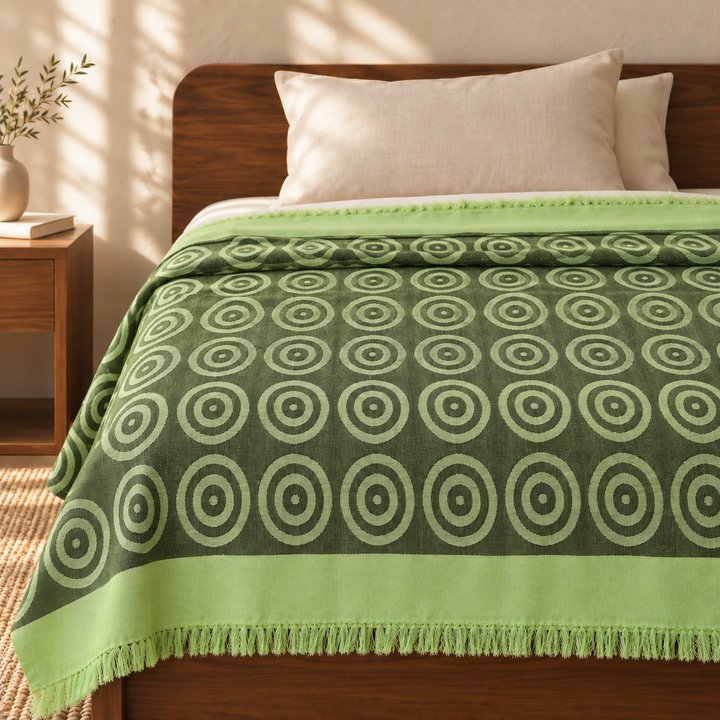 Green Aura Lovely Chennimalai Bedsheet — cotton top cover on a bed