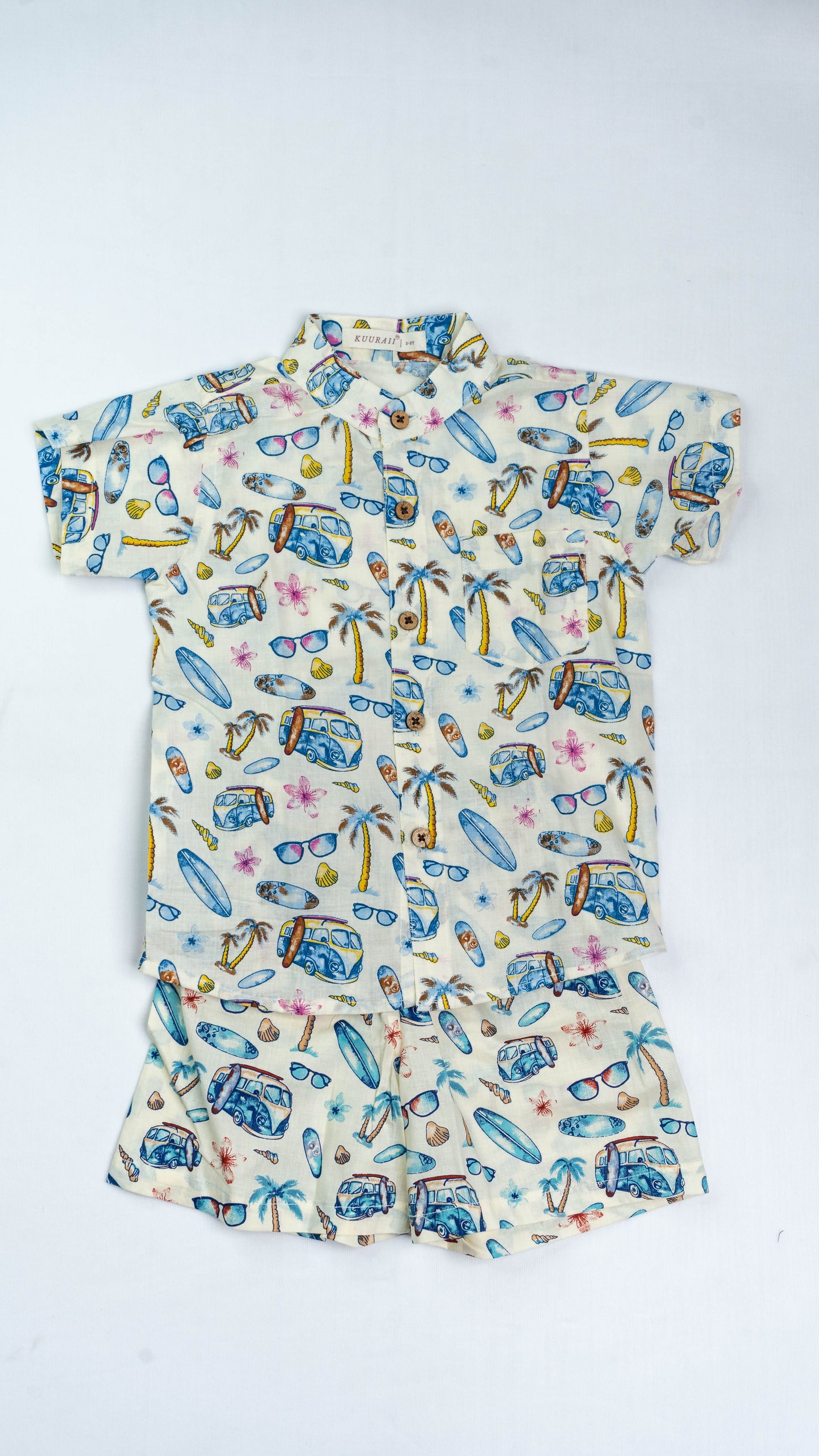 White Beach Print Cotton shirt and shorts set