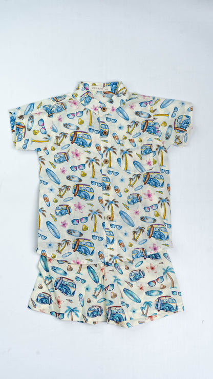 White Beach Print Cotton shirt and shorts set
