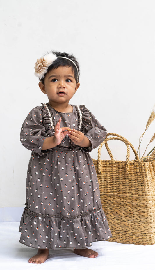 Grey Floral Print Cotton Dress