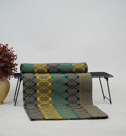 Premium Handloom Grey Boho Blocks Chennimalai bedsheet-Yellow and Teal
