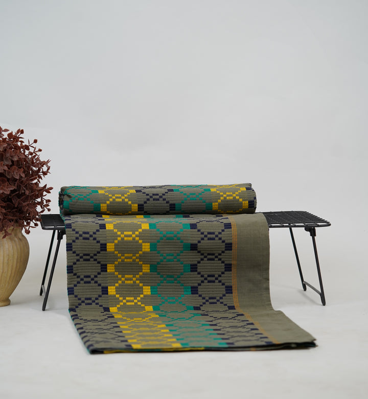 Premium Handloom Grey Boho Blocks Chennimalai bedsheet-Yellow and Teal