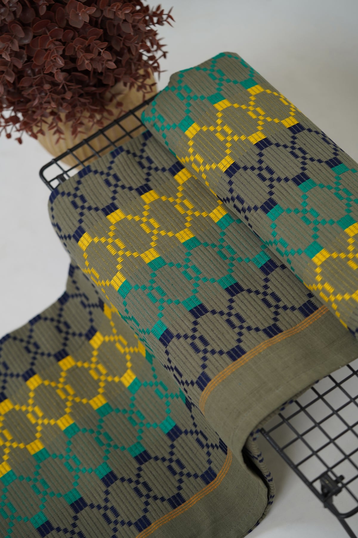 Premium Handloom Grey Boho Blocks Chennimalai bedsheet-Yellow and Teal