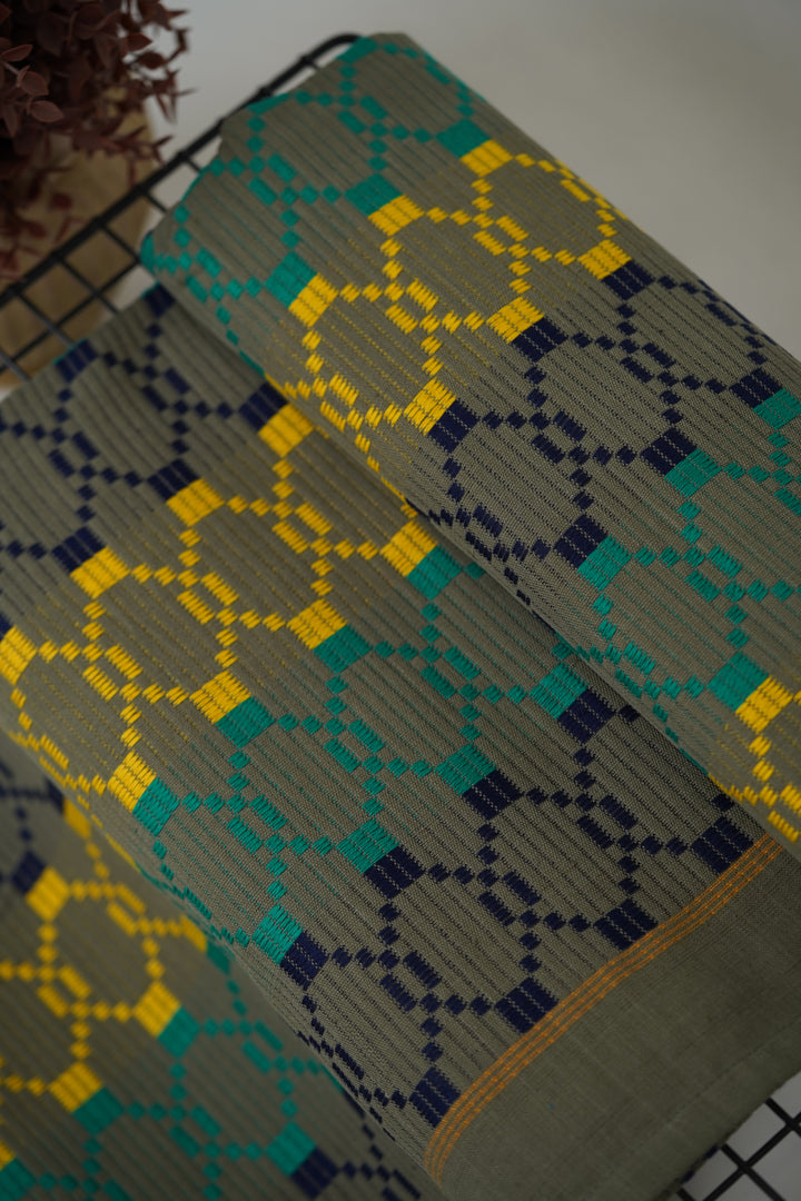 Premium Handloom Grey Boho Blocks Chennimalai bedsheet-Yellow and Teal
