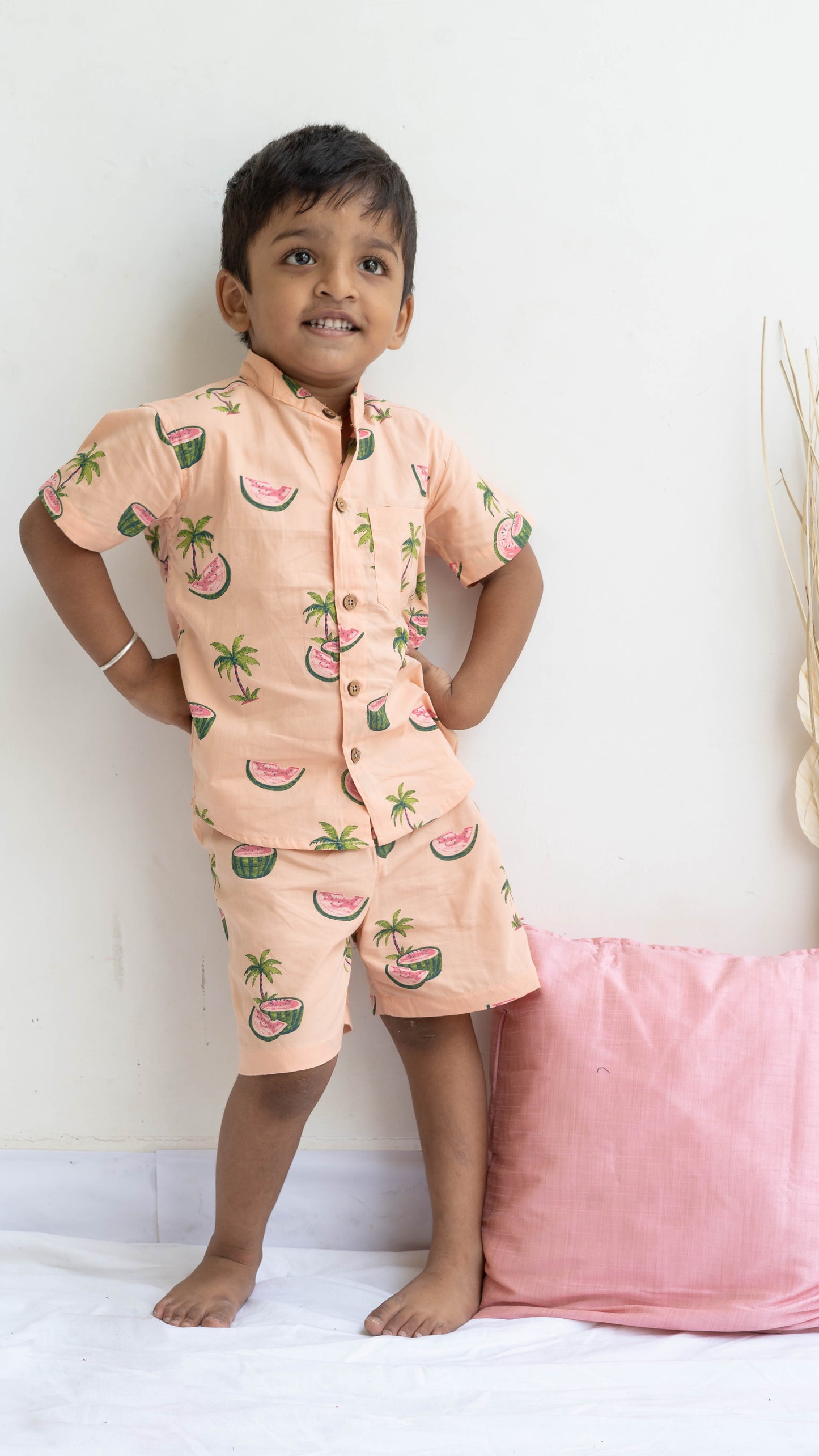 Peach Watermelon Print Cotton shirt and shorts set