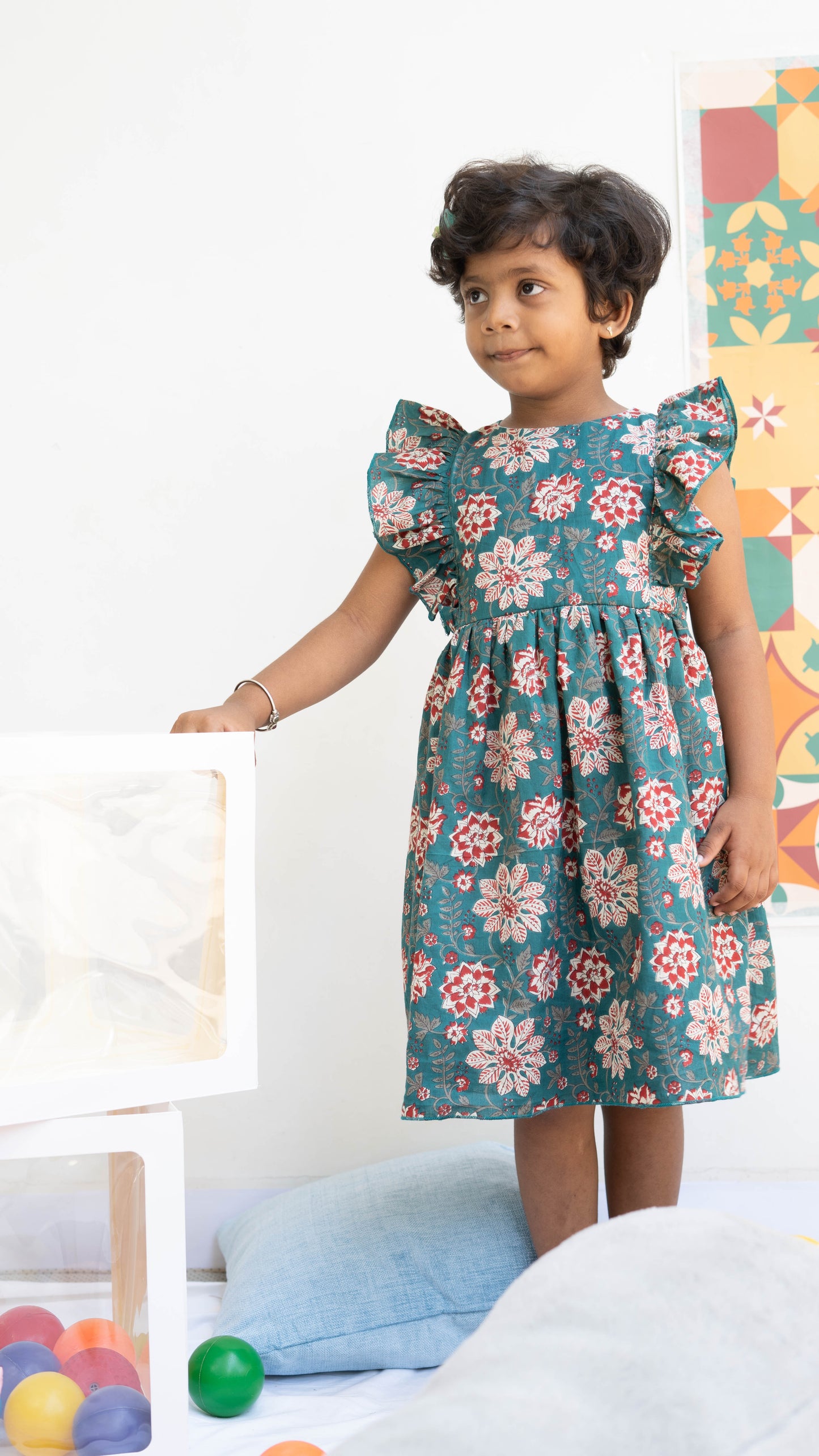 Green Big Floral Print Cotton Dress