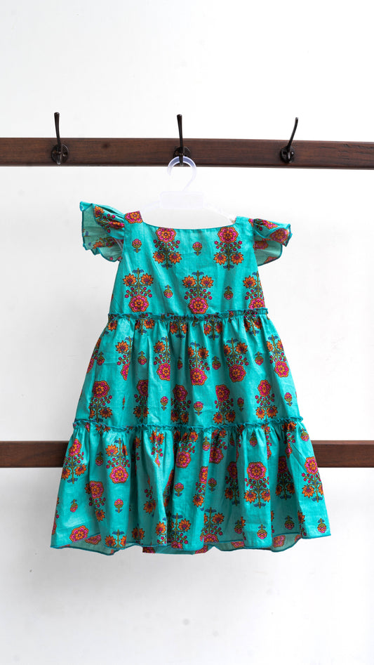Turquoise Floral Print Cotton Dress