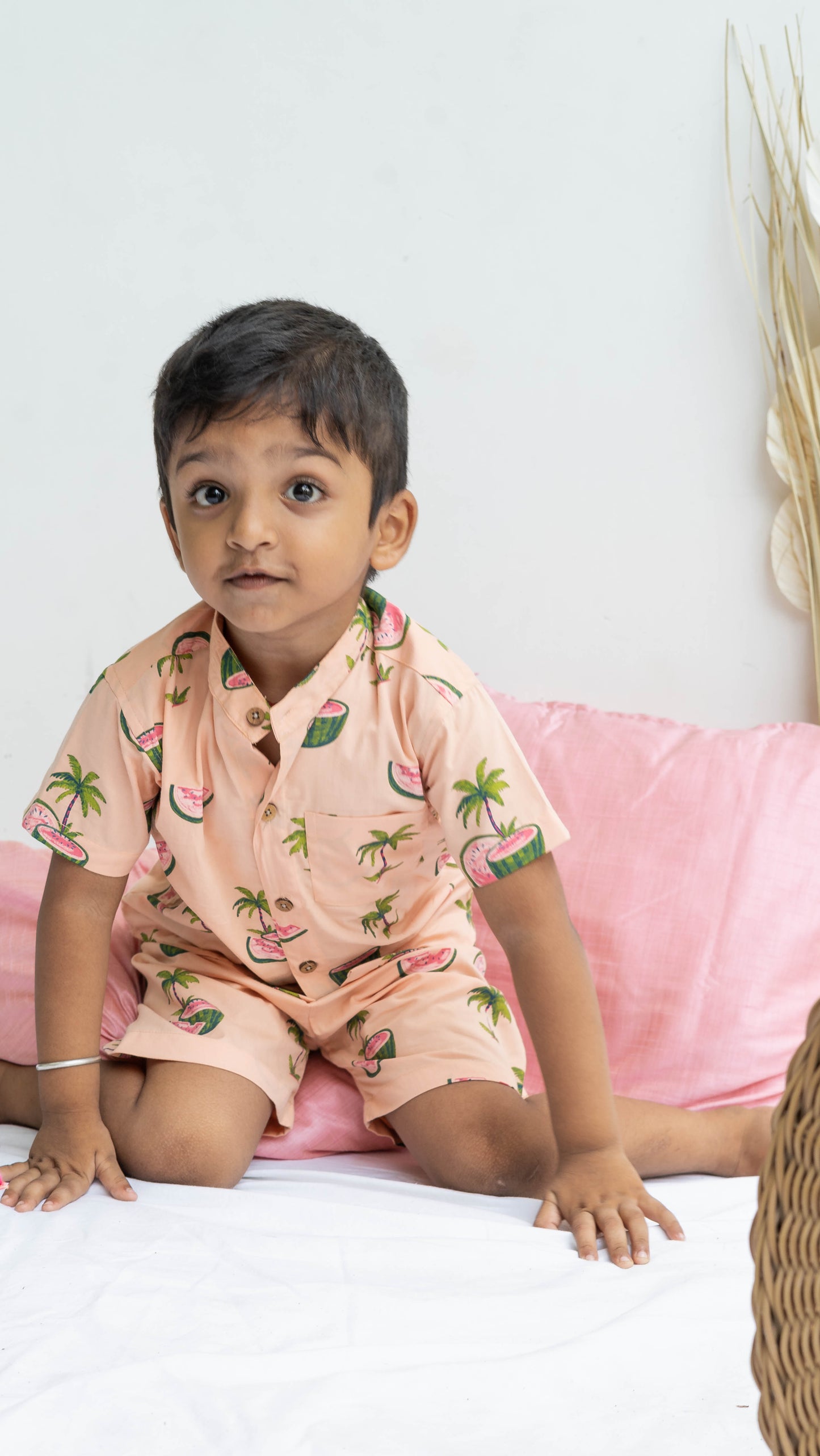 Peach Watermelon Print Cotton shirt and shorts set