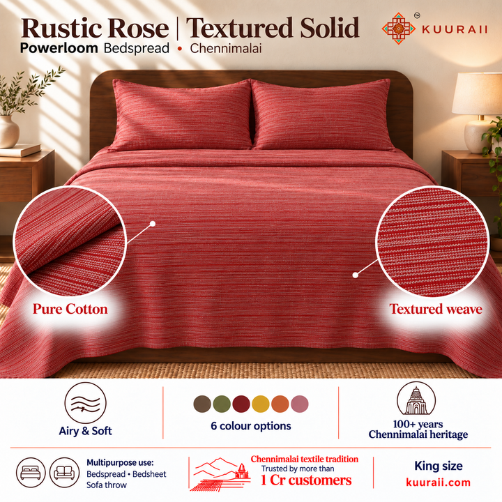 Chennimalai King Size Bedspread Rustic Rose Textured — Powerloom cotton bedspread features, fabric detail, multipurpose use and King size