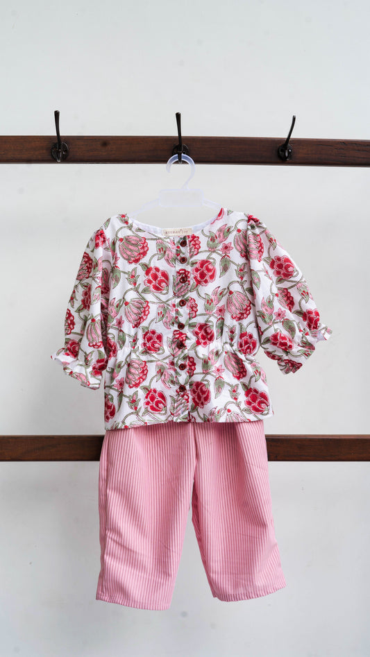 White and Pink Floral Print Cotton Co-ord Set