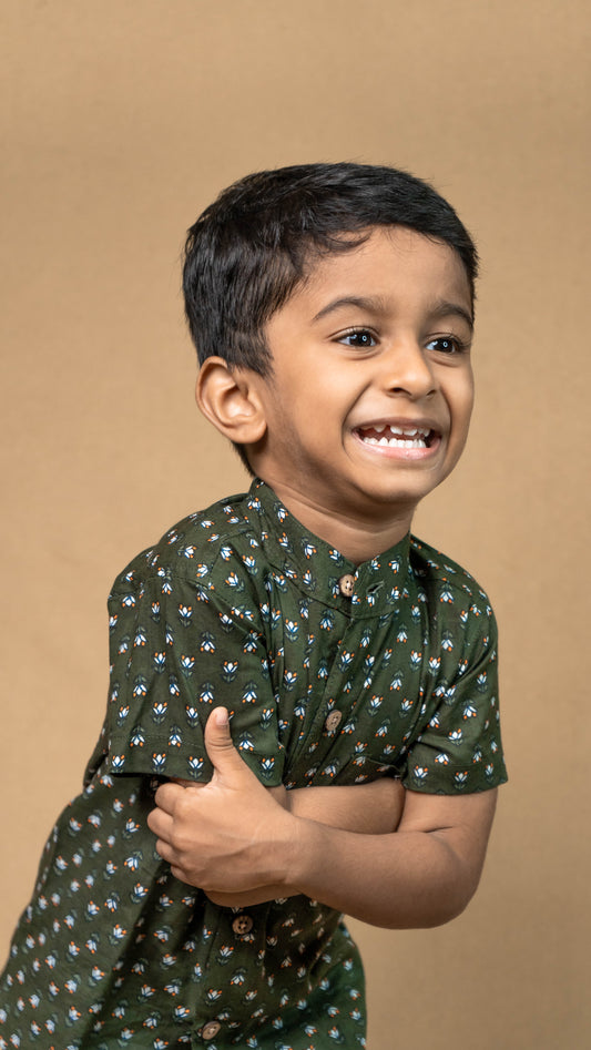 Dark Green Flower Print Cotton shirt and shorts set